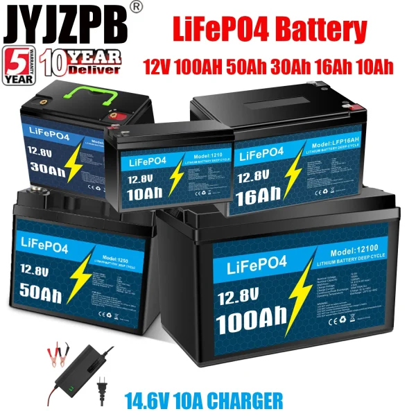 12V 100Ah 50Ah 30Ah 16Ah 10Ah LiFePO4 Battery pack 12V Lithium Iron Phosphate Batteries 4000 Cycles Touring car Solar Wind