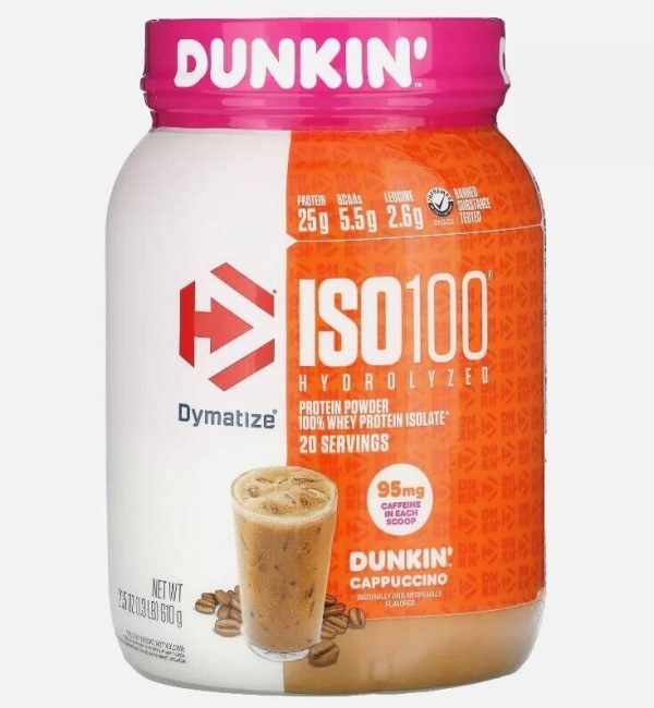 Dymatize ISO100  100% Whey Protein Isolate, Dunkin’ Cappuccino, 1.3 lb (610g)