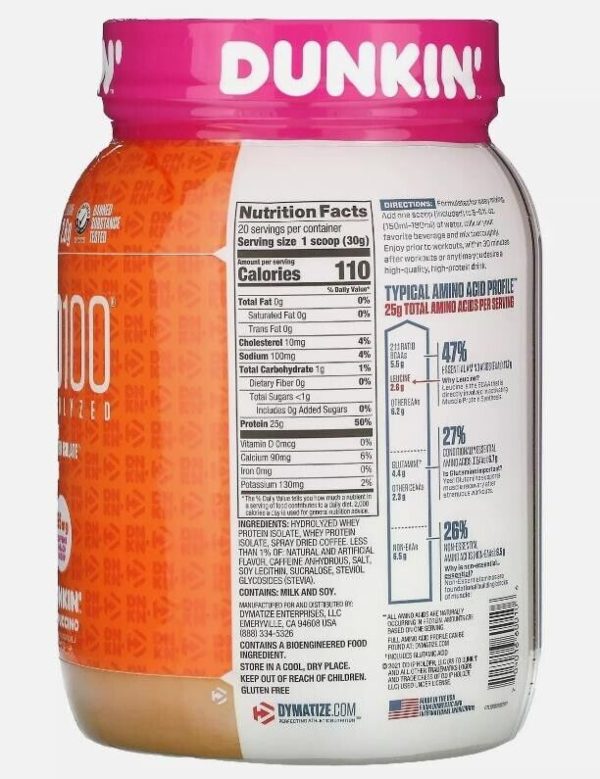 Dymatize ISO100  100% Whey Protein Isolate, Dunkin’ Cappuccino, 1.3 lb (610g) - Image 2