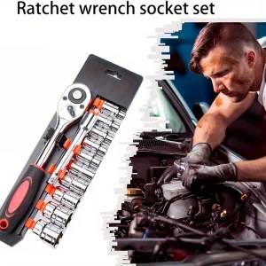 Car 12pcs Ratchet Socket Wrench Set Multi-Functional 1/2, 3/8, 1/4 Sizes 2-Way Quick Release Handle and Telescopic Bar