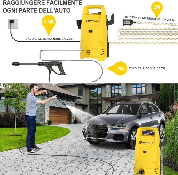 Electric High Pressure Washer 1600W,120bar,380l/h Adjustable Lance from 0 to 180°,7m Flexible Hose,for Terraces,Gardens,Cars - Image 3