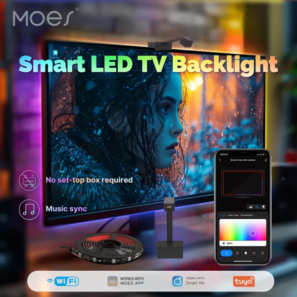 MOES Smart WiFi Ambient TV Backlight No Set-Top Box Required Music Sync LED Light Strip Timing Fucntion Multiples Scenes