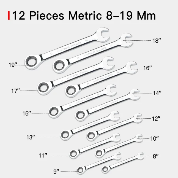 AIRAJ 12-Piece Ratchet Spanner Set (8-19 mm) Professional Metric Standard Kit Chrome-Plated Transport Bag Open-End Spanner - Image 3