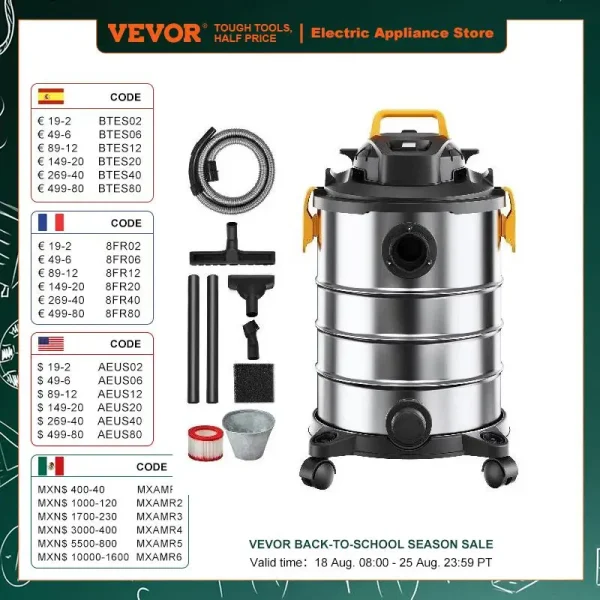 VEVOR Stainless Steel Wet Dry Shop Vacuum Wet Dry Vac Powerful Suction Small Shop Vac Perfect for Carpet Debris Pet Hair