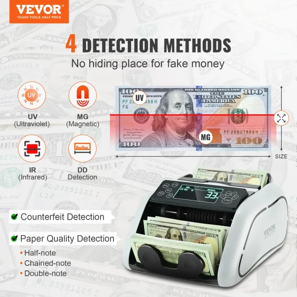 VEVOR 1000 Pcs/Min Money Counter Business Cash Register Bills Counterfeit Bill Detector by UV/MG/IR/DD Function for Bank Store - Image 2