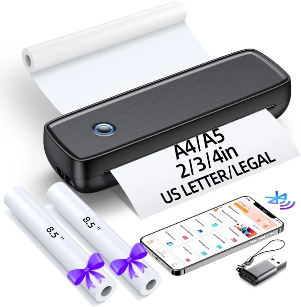 Portable Wireless Bluetooth Thermal Inkless Printer - Support US Letter &Legal, Thermal Paper, Compatible with iOS, Android