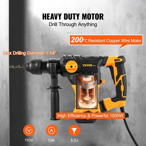 VEVOR 1500W Rotary Hammer Drill Max Drilling 32mm 4 Modes SDS-Plus Corded Demolition Chipping Metal Concrete Breaker Jackhammer - Image 3