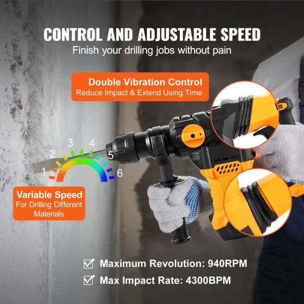 VEVOR 1500W Rotary Hammer Drill Max Drilling 32mm 4 Modes SDS-Plus Corded Demolition Chipping Metal Concrete Breaker Jackhammer - Image 5